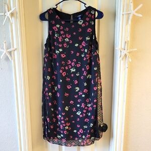 Chaps Black Midi Dress with Pink and Green Floral Design Sheer Overlay